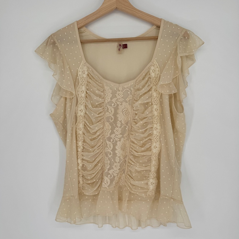 Y2K Seven7 Blouse Womens 14/16 Nylon Mesh Lace Ruffle Fairycore Coquette Cream